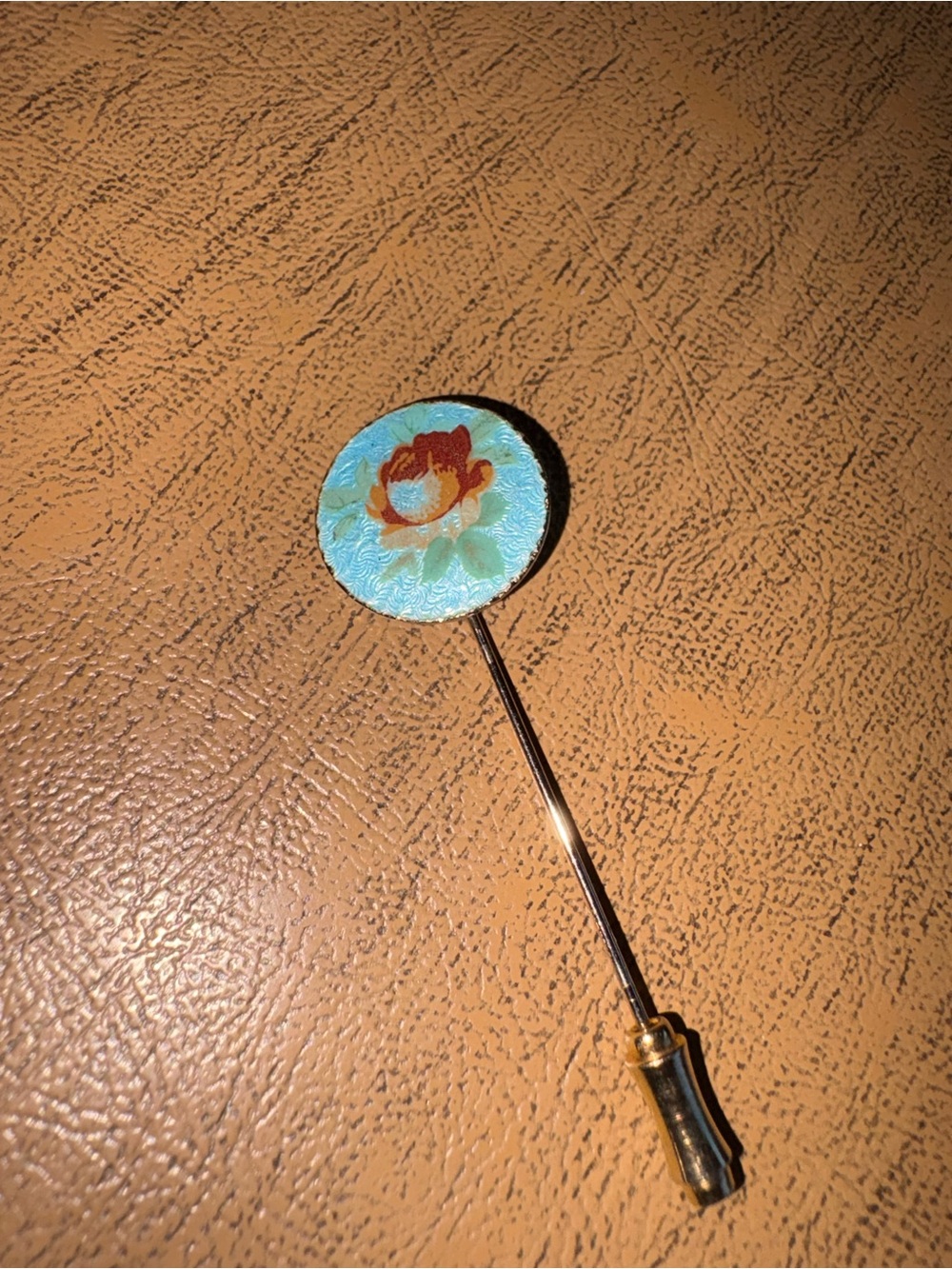 Vintage Enamel Floral Stick Pin - Blue with Red Flower
